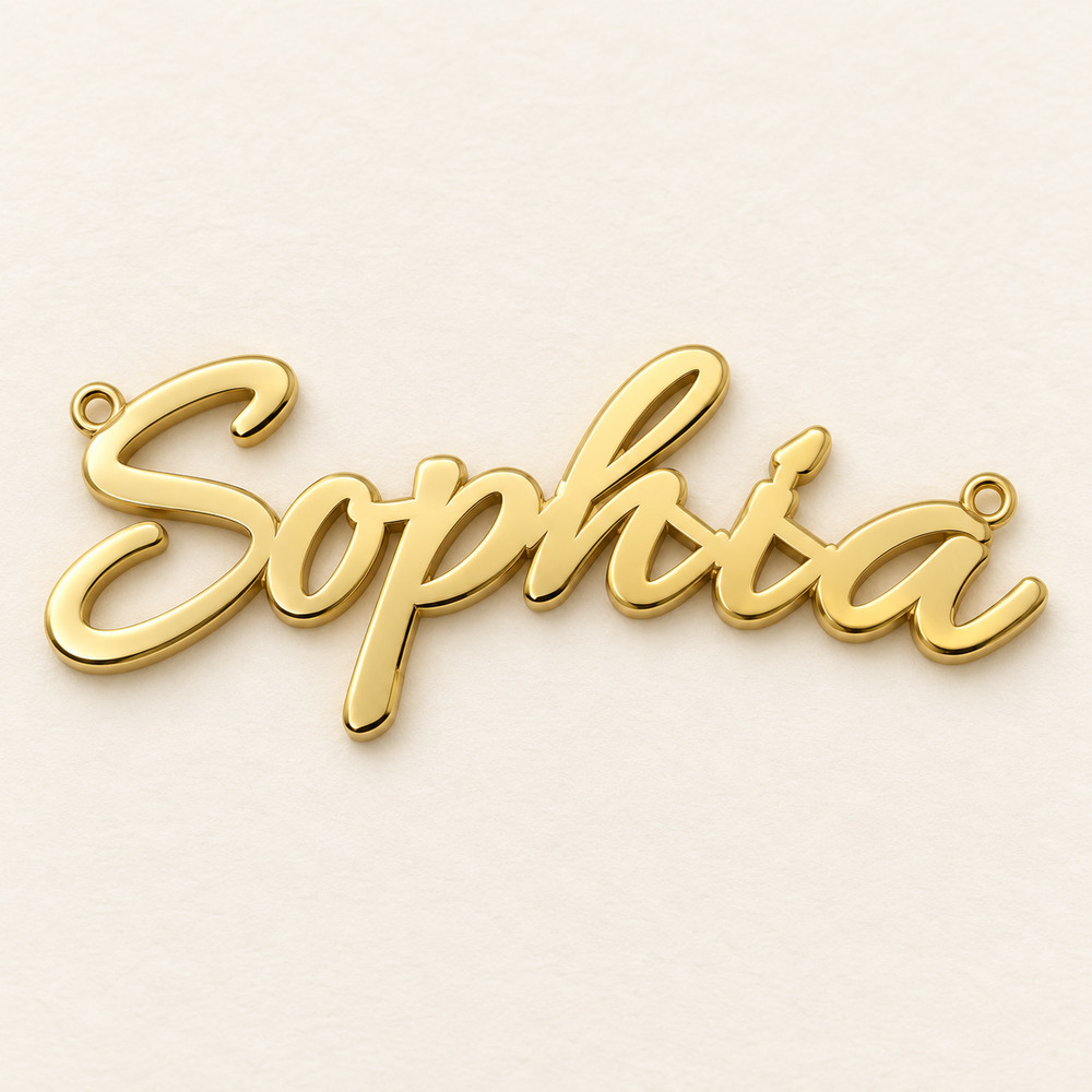 Realistic front-view visualisation of a polished gold Sophia name pendant